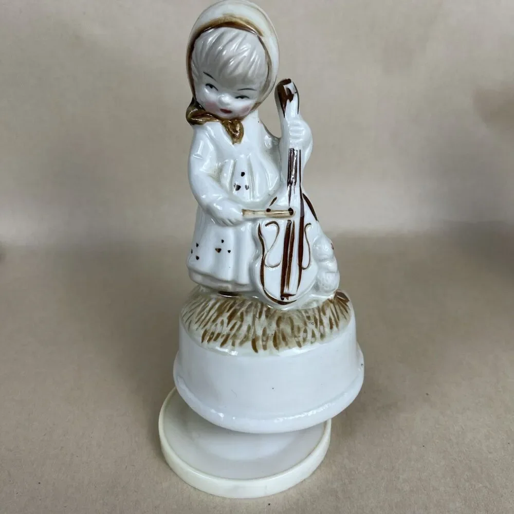 VTG Rotating Musical Box Girl Playing Cello Porcelain 6.5” Works‎